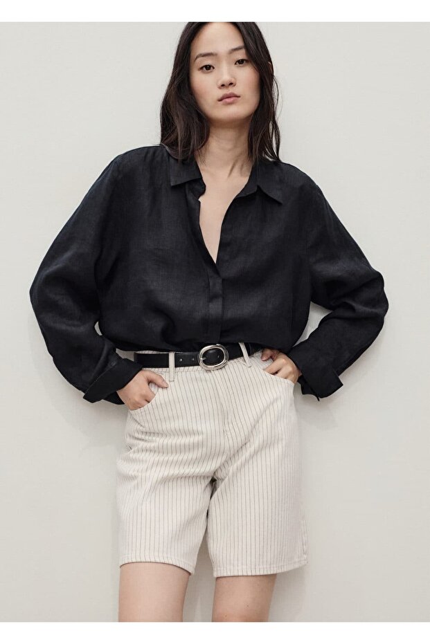 Çizgili denim bermuda şort - 5