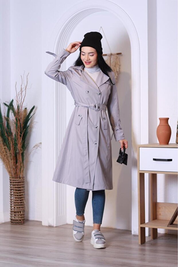 Seasonal Lined Women's Long Trench Coat-cap