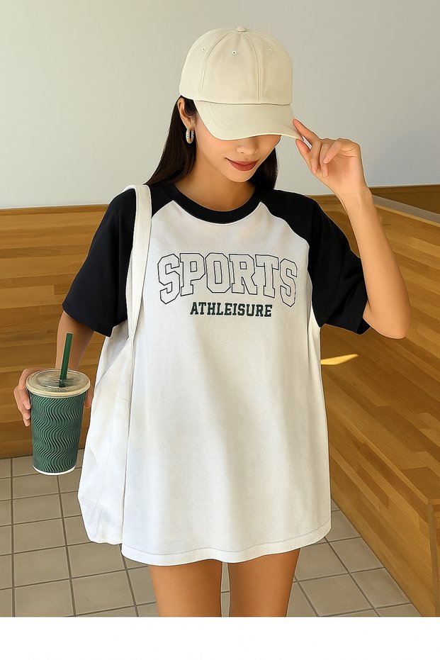 Sports Athleisure White Body Black Sleeve T-Shirt - Oversize Crew Neck T-Shirt