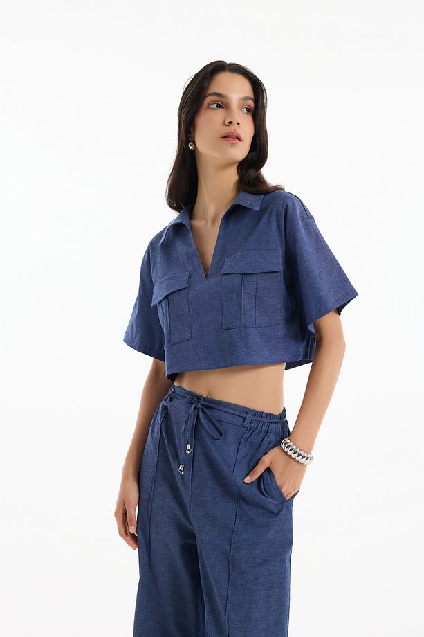 Cep Detaylı Kot Görünümlü Crop Bluz İndigo - 4