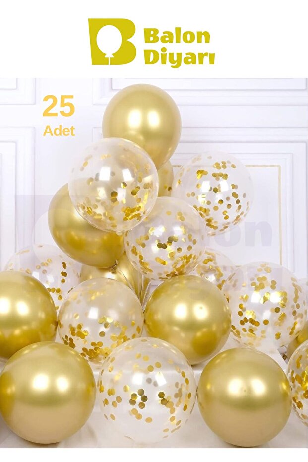 25Pcs Gold, Latex Helium Balloon Set with Transparent Confetti