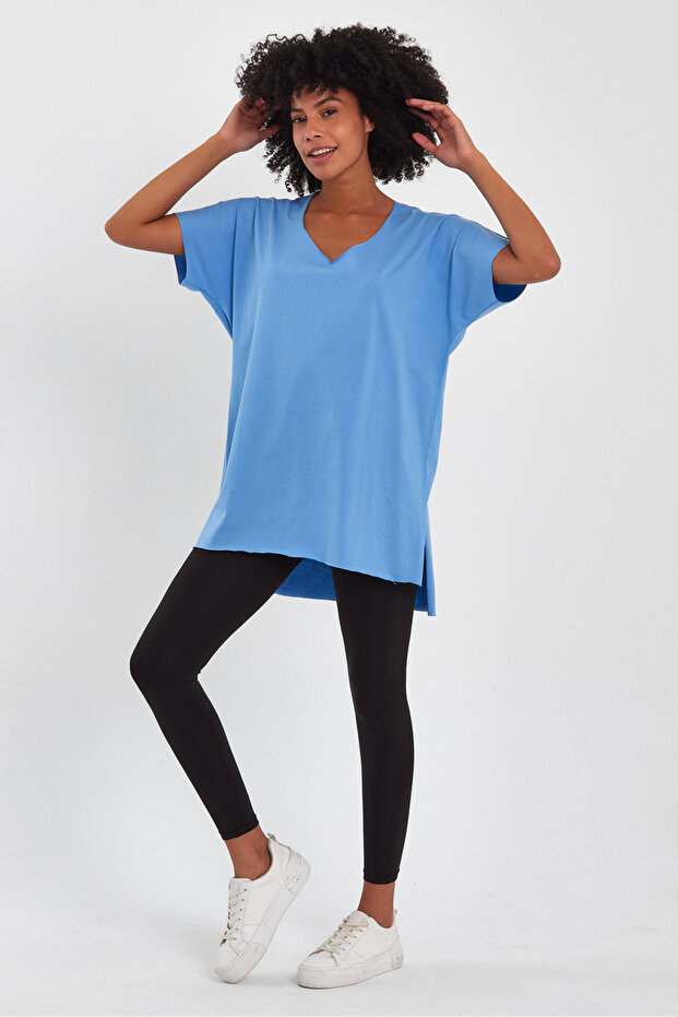 Kadın V Yaka Yırtmaçlı Oversize Basic Tişört - 7