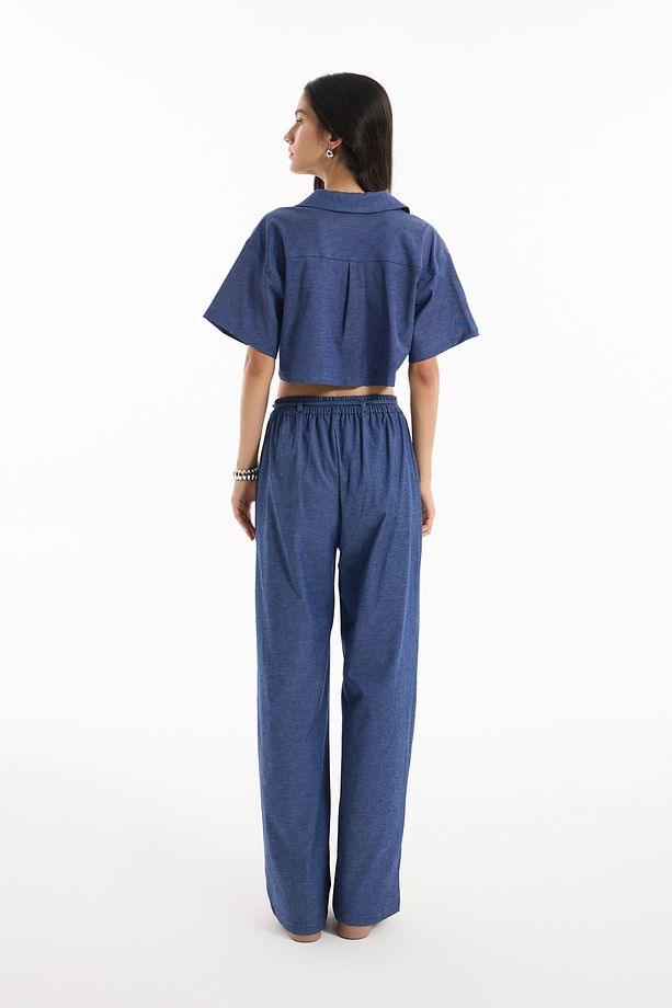 Cep Detaylı Kot Görünümlü Crop Bluz İndigo - 5