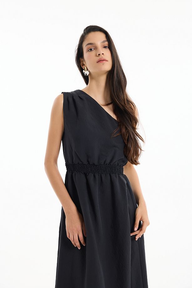 Beli Lastikli Tek Omuz Midi Elbise Siyah - 4