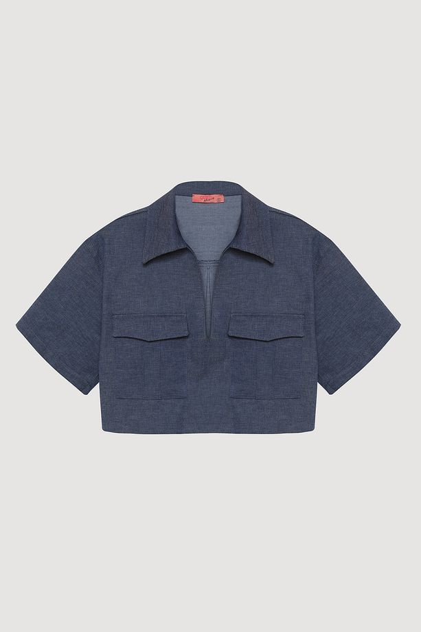 Cep Detaylı Kot Görünümlü Crop Bluz İndigo - 2