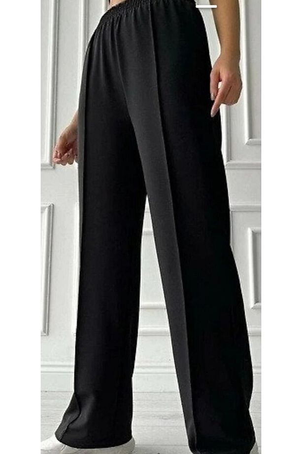 Kadın Çımalı Beli Lastikli Bol Paça Yazlık Siyah Krep Pantolon - 2