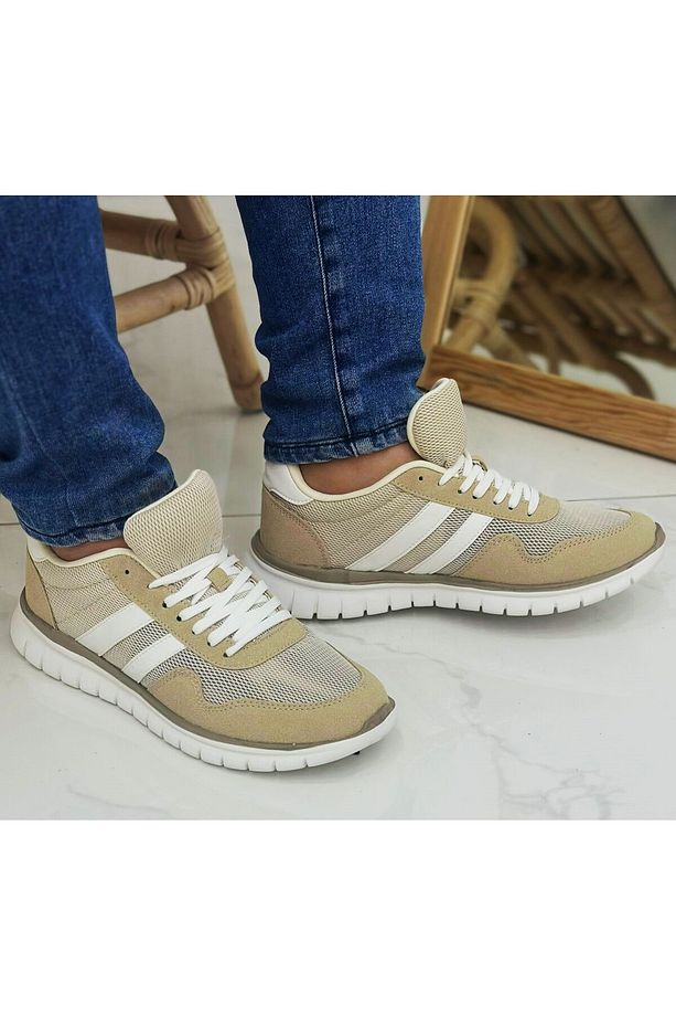 Çift Bantlı Bağcıklı Yürüyüş Erkek Spor Ayakkabı Hava Alan File Tasarım Hafif Esnek Bej Sneaker - 1