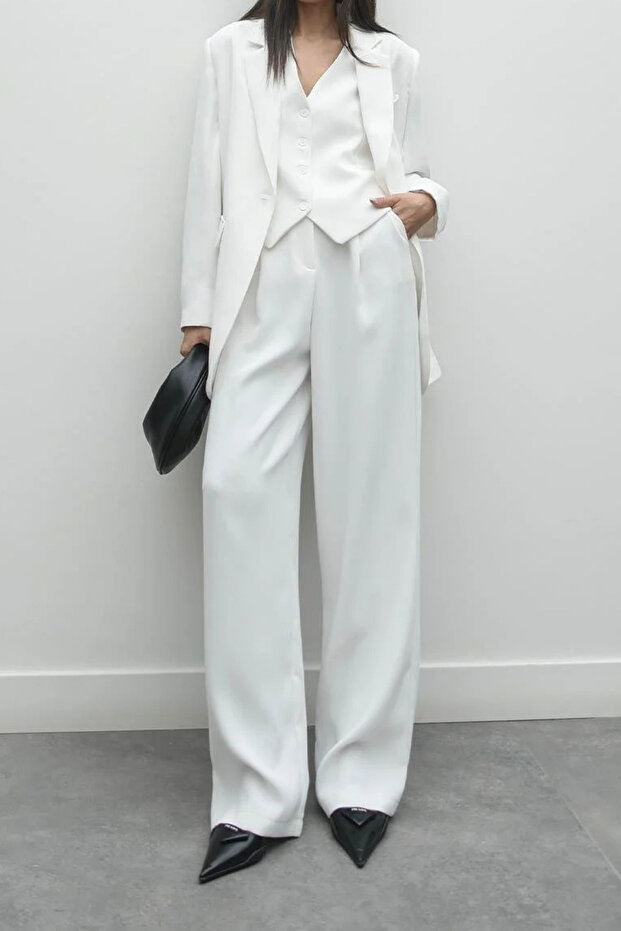 White Soft Textured Pleated Palazzo Trousers