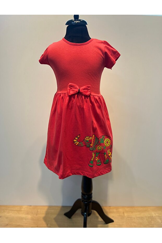 Ethnic Elephant Printed Girls' Short Sleeve Combed Cotton Dress