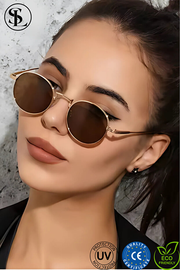 Round Frame Unisex Gold Metal Brown Glass Classic Sunglasses