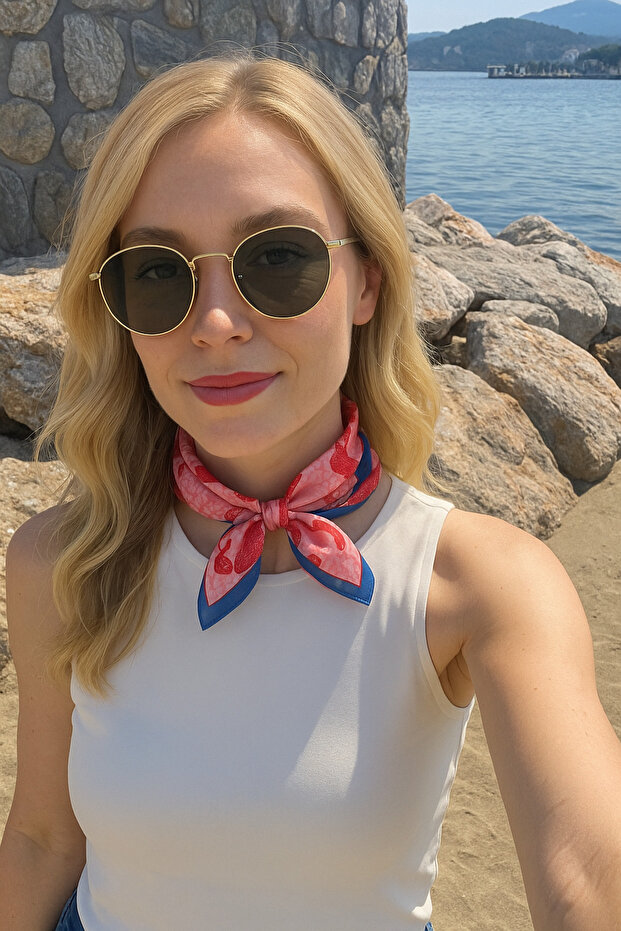 Fular Yengeç Desenli Pembe Bandana Fular - 1