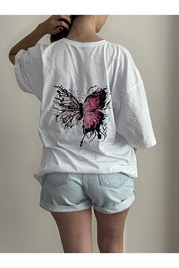 White Butterfly Printed Oversize Combed Cotton T-shirt