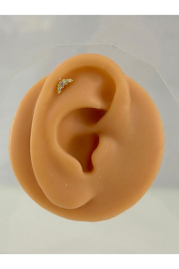 925 Ayar Gümüş Üzerine Mikron Altın Kaplama Üç Taşlı Minimal Gold Piercing Tragus Helix - 1