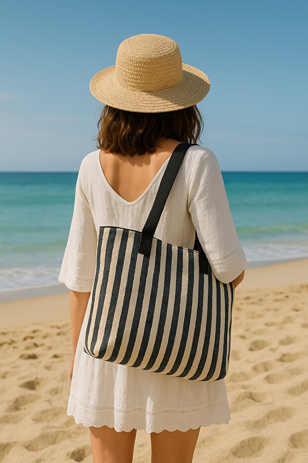 Women's Black Striped Beach Bag Large Size Zippered 52×40cm