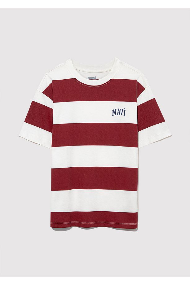 Logo Baskılı Bordo Çizgili Tişört Loose Fit / Bol Rahat Kesim 6610183-88061 - 2