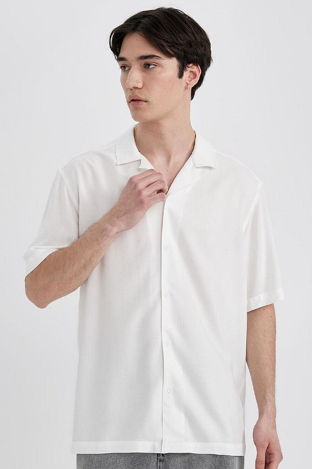 Regular Fit Yazlık Apaş Yaka Viskon Basic Düz Kısa Kollu Beyaz Gömlek C4735ax24sm - 3