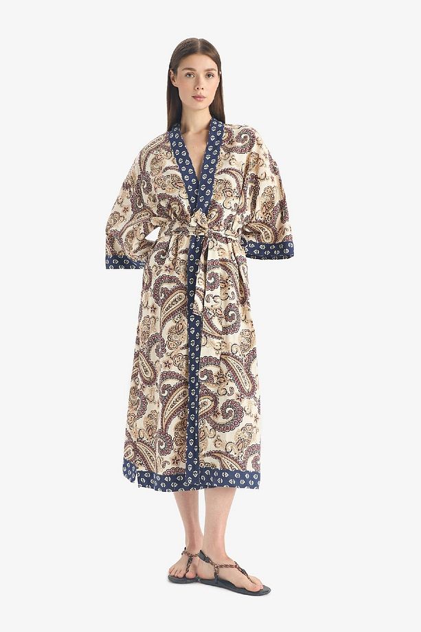 Regular Fit Kuşaklı Etnik Desenli Pamuklu Kimono-Fall in Love D0456AX25SP - 4
