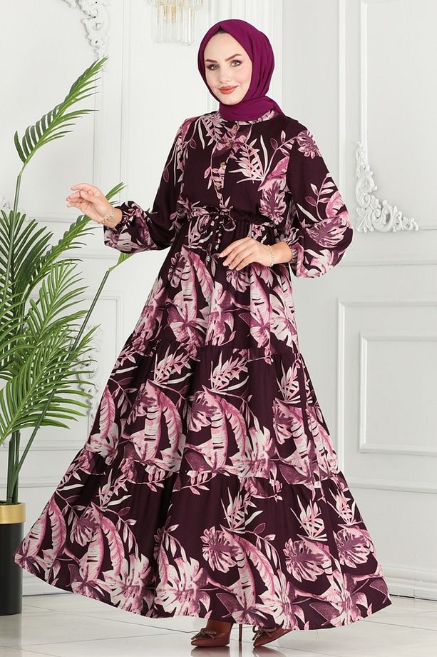 Beli Tünelli Viskon Elbise 7119BG354 Mürdüm - 1