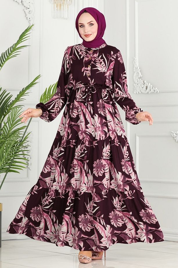 Beli Tünelli Viskon Elbise 7119BG354 Mürdüm - 2