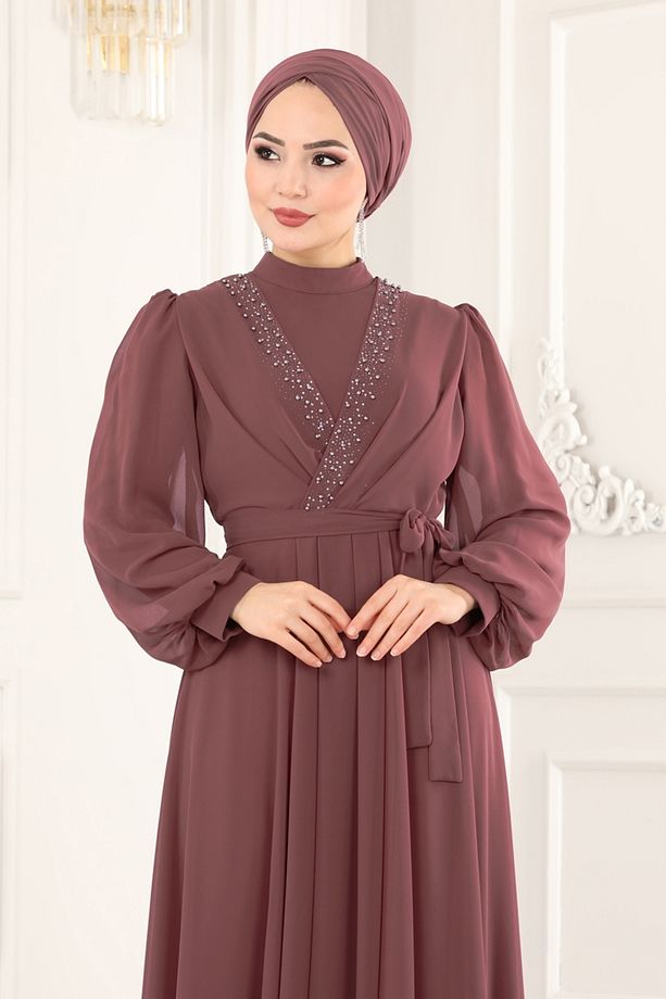 Taş İşlemeli Şifon Abiye 5408AB368 Pudra Vizyon - 4