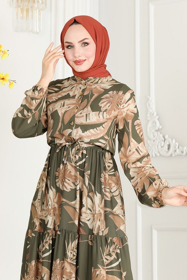 Beli Tünelli Viskon Elbise 7119BG354 Haki - 3