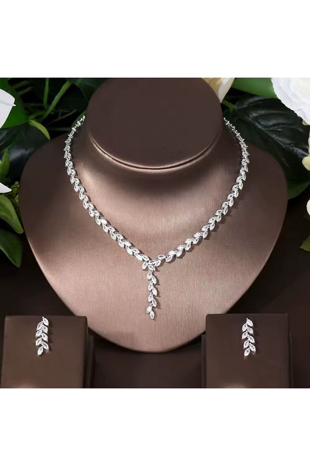 Anemone Zirkon Taşlı Takı Seti Kolye Küpe Set Düğün Nişan Seti - 3