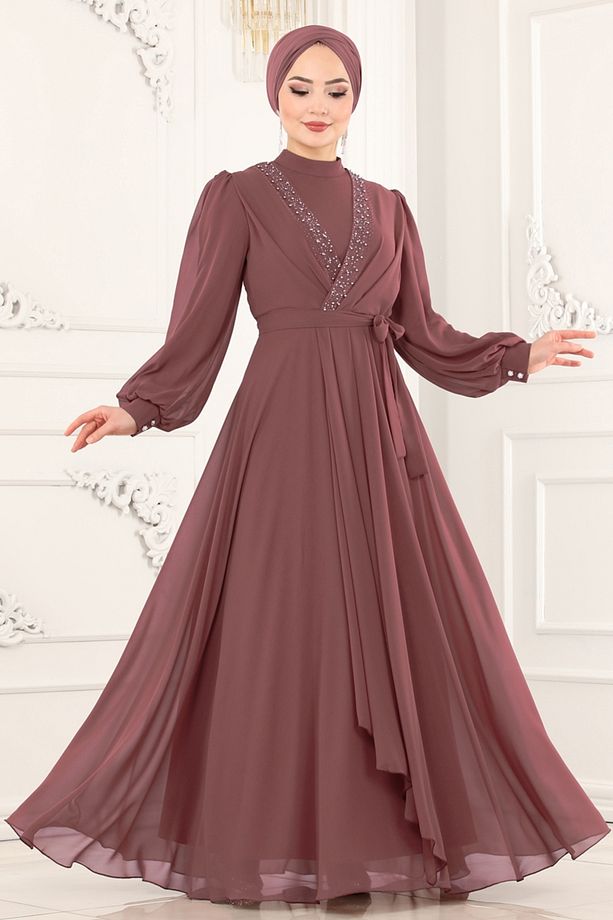 Taş İşlemeli Şifon Abiye 5408AB368 Pudra Vizyon - 1