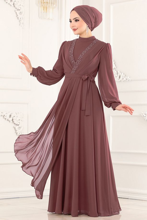 Taş İşlemeli Şifon Abiye 5408AB368 Pudra Vizyon - 3