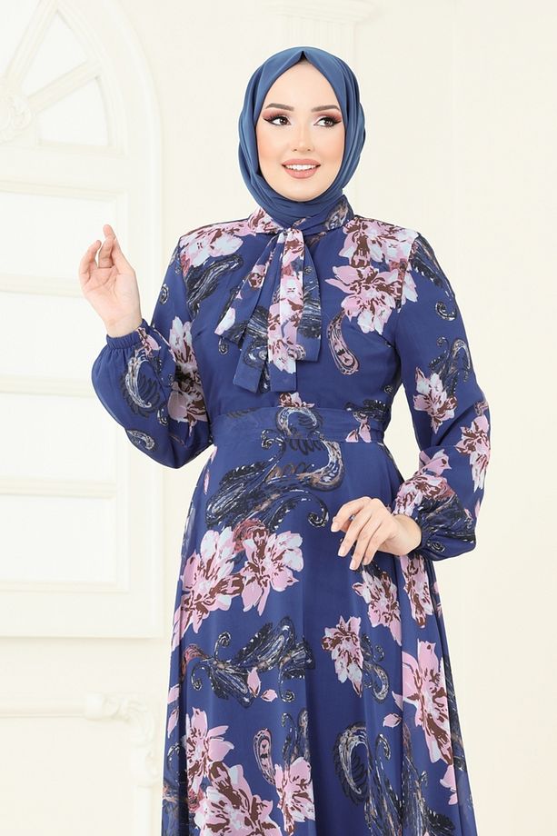 Fular Yakalı Şifon Elbise 5188AL357 İndigo - 3
