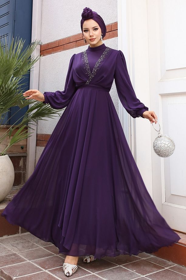 Taş İşlemeli Şifon Abiye 5408AB368 Mor - 8