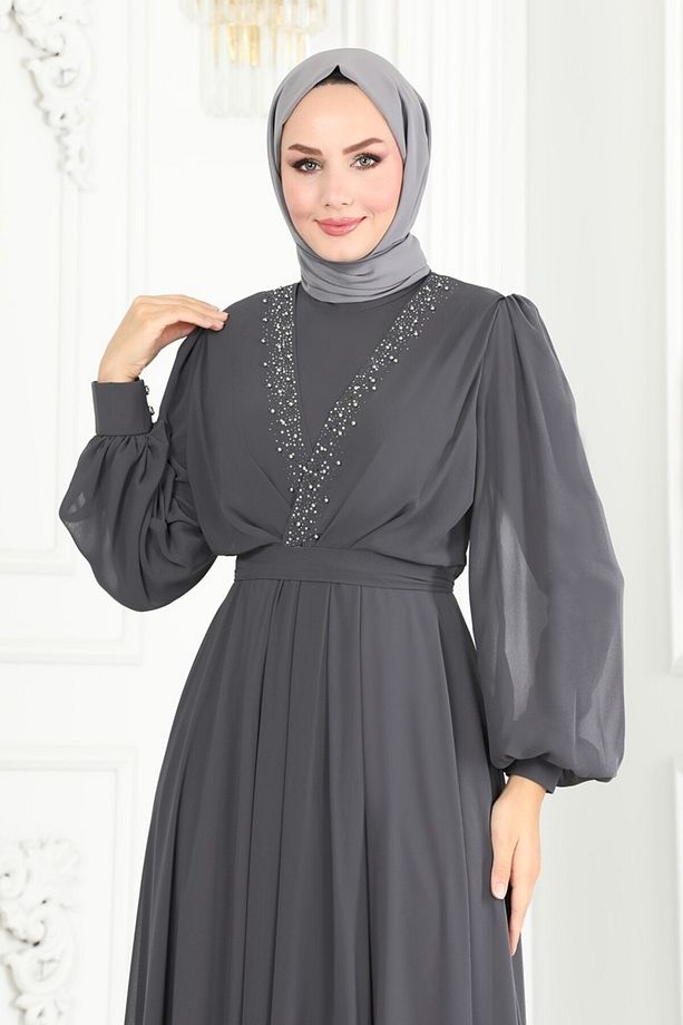 Taş İşlemeli Şifon Abiye 5408AB368 Antrasit - 3
