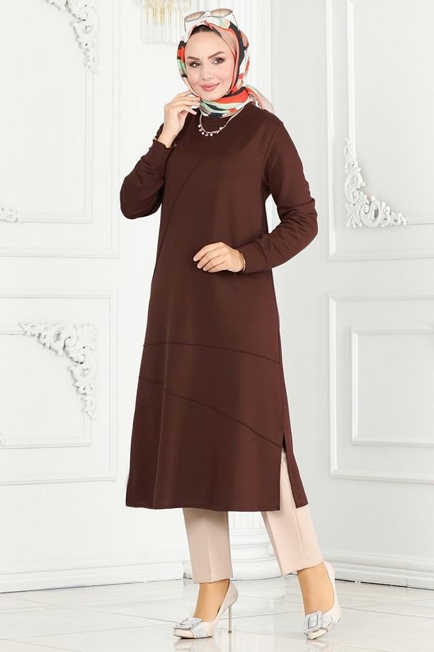 Nervür Detaylı Tesettür Tunik 2673ayd574 Kahve - 4