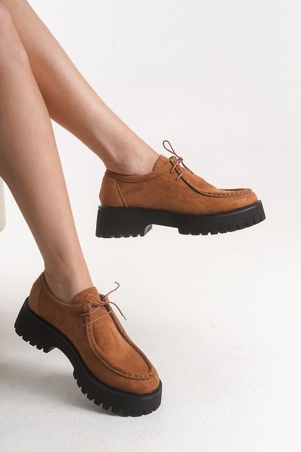 Babs Kadın Loafer Kalın Taban Bağcıklı Günlük Ayakkabı Taba Süet - 2