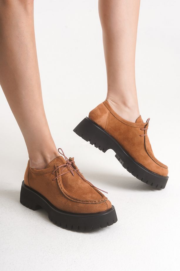 Babs Kadın Loafer Kalın Taban Bağcıklı Günlük Ayakkabı Taba Süet - 4