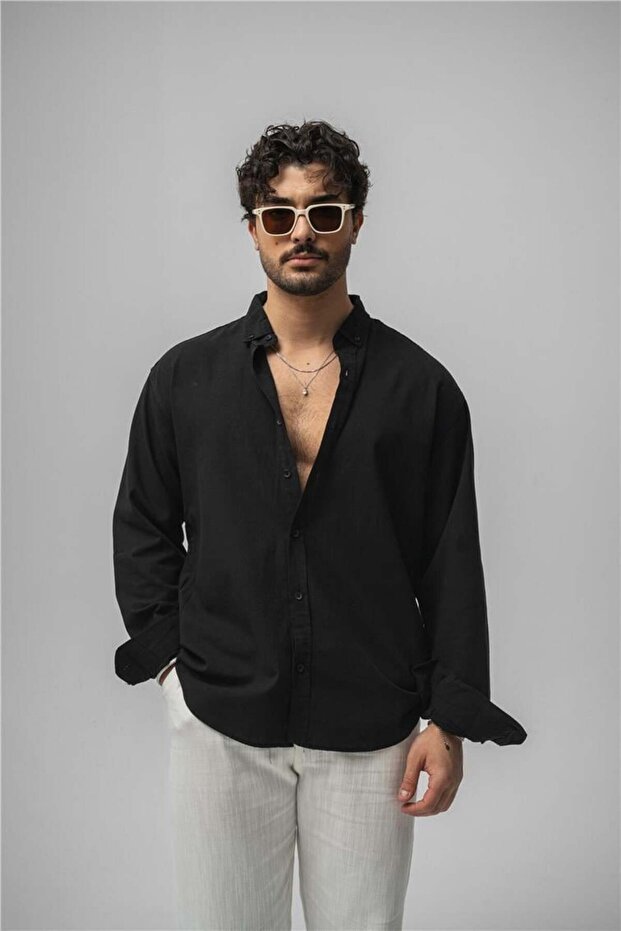 Collar Buttoned Linen Shirt Black