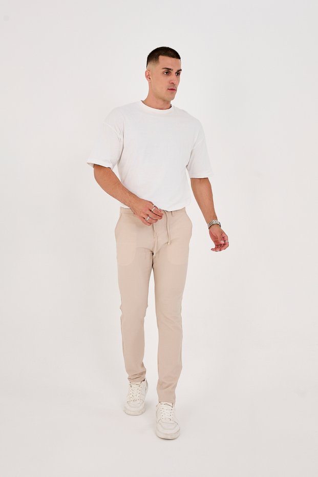 Men's Seersucker Lycra Jogger Slimfit Waist Half Elastic Beige Fabric Trousers