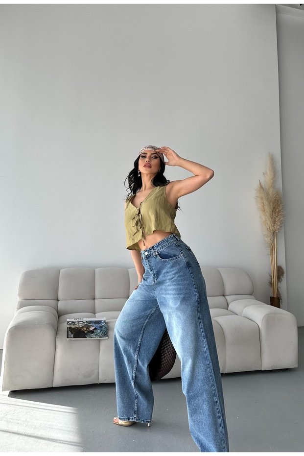 Women's Jeans Baggy Loose Cut Snow Chemical Washed Whisker Trousers Blue 4001