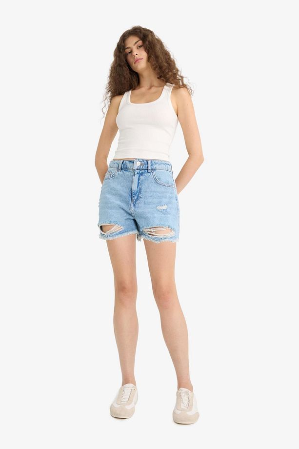 Yüksek Bel Paça Ucu Kesik Jean Şort E0504AX25SM - 2