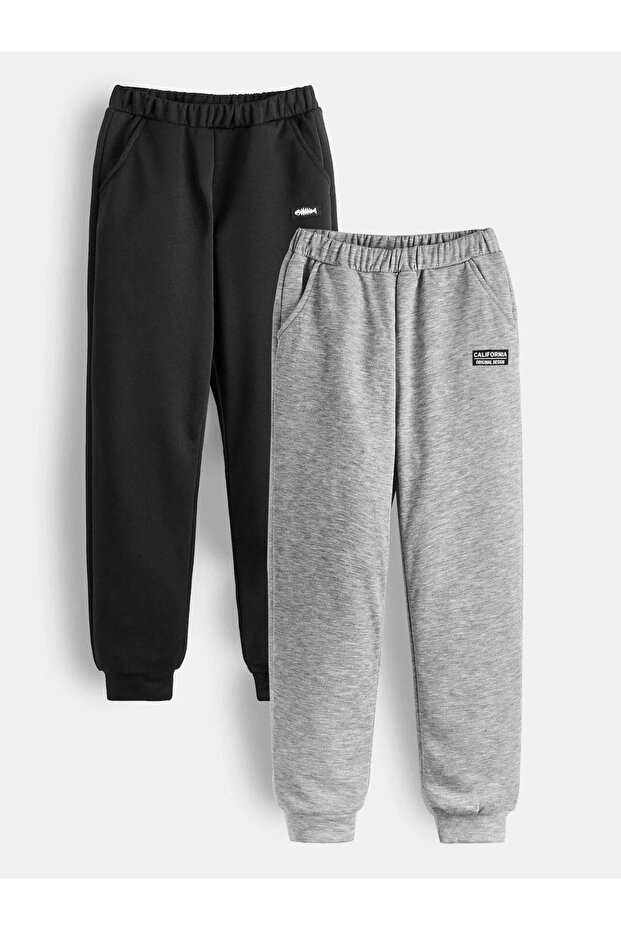 2-Piece Fish Logo California Sweatpants Jogger - Black And Gray Printed Rubber Leg High Waist