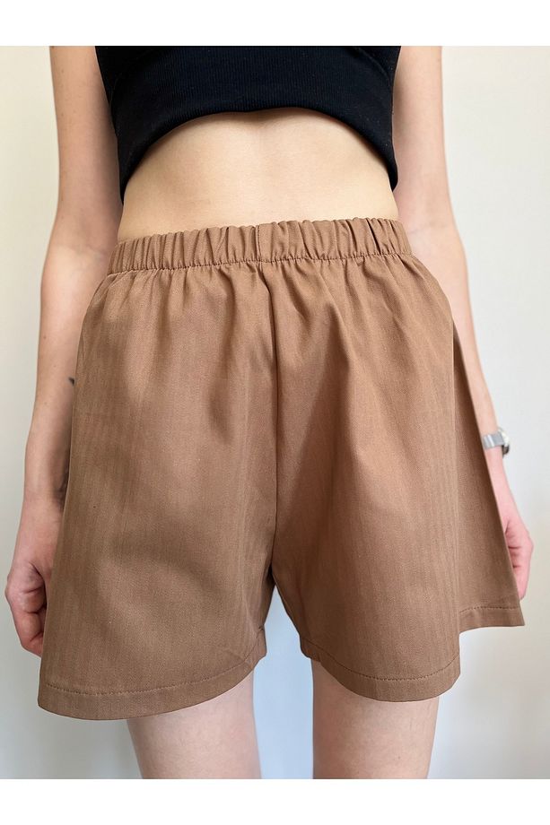 Gabardin Yüksek Bel Lastikli Şort - 3