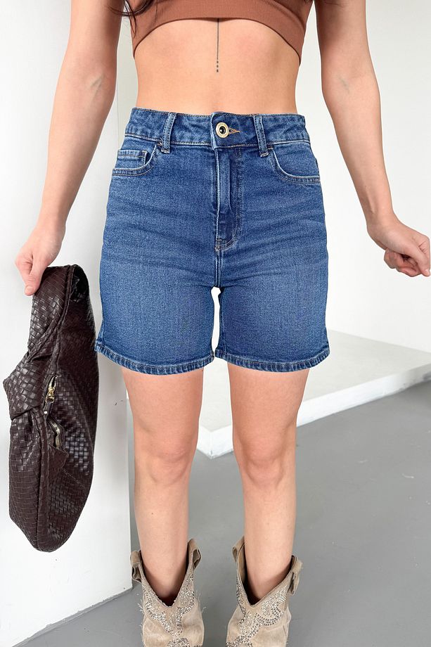Açık Mavi Kadın Lily Likralı Mom Fit Yüksek Bel Esnek 90's Denim Şort Lily-açmavi - 4