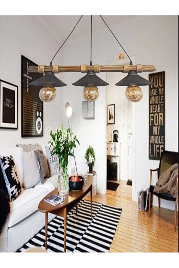 Tenka 3'lü Halatlı Rustik Ahşap Avize - 1