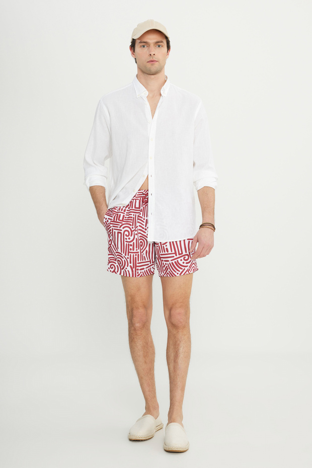 Erkek Beyaz Siyah Cepli Hızlı Kuruyan Desenli Standart Fit Normal Kesim Mayo Deniz Şortu - 3