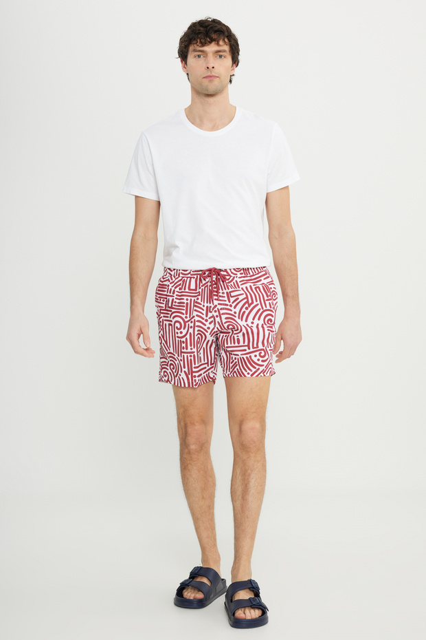 Erkek Beyaz Siyah Cepli Hızlı Kuruyan Desenli Standart Fit Normal Kesim Mayo Deniz Şortu - 5