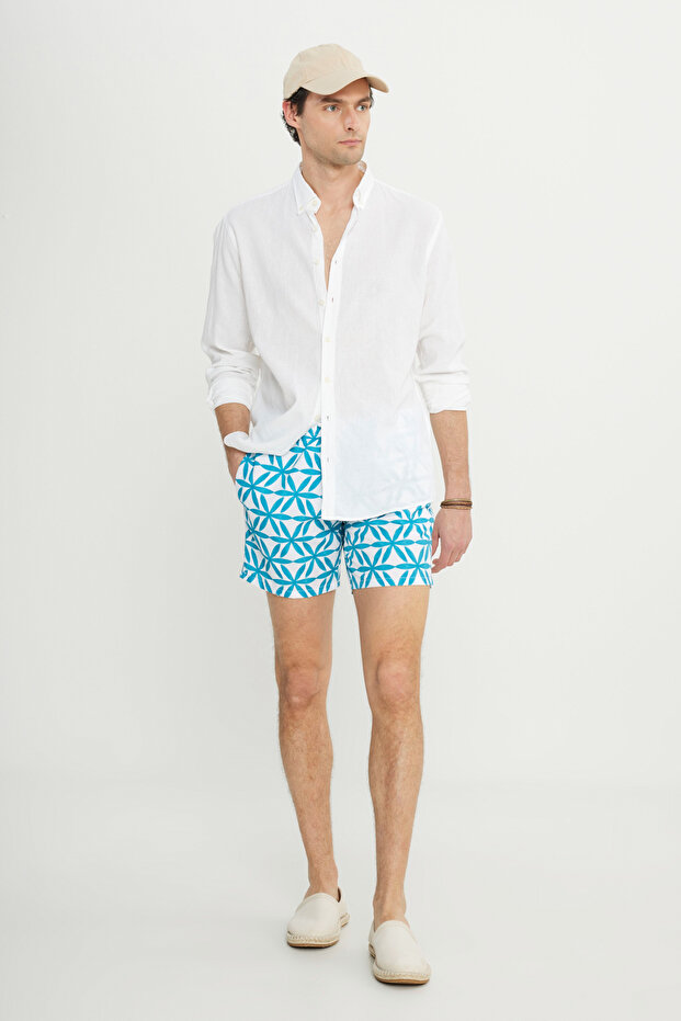 Erkek Beyaz Mint Cepli Hızlı Kuruyan Desenli Standart Fit Normal Kesim Mayo Deniz Şortu - 3