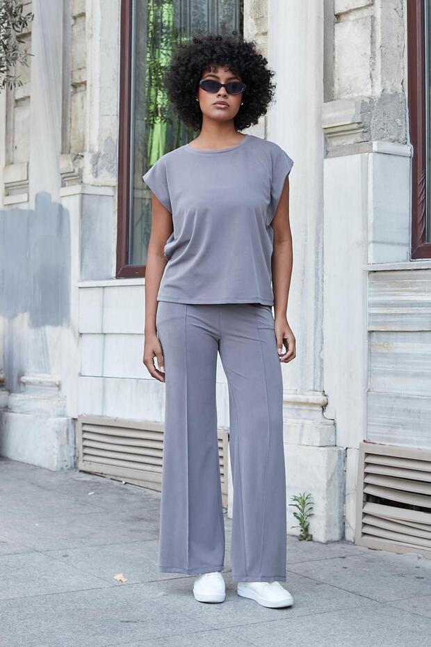 Women's Modal Silky Lycra Fabric High Waist Front Seam Pocket Loose Wide Leg Palazzo Pants-Anthracite