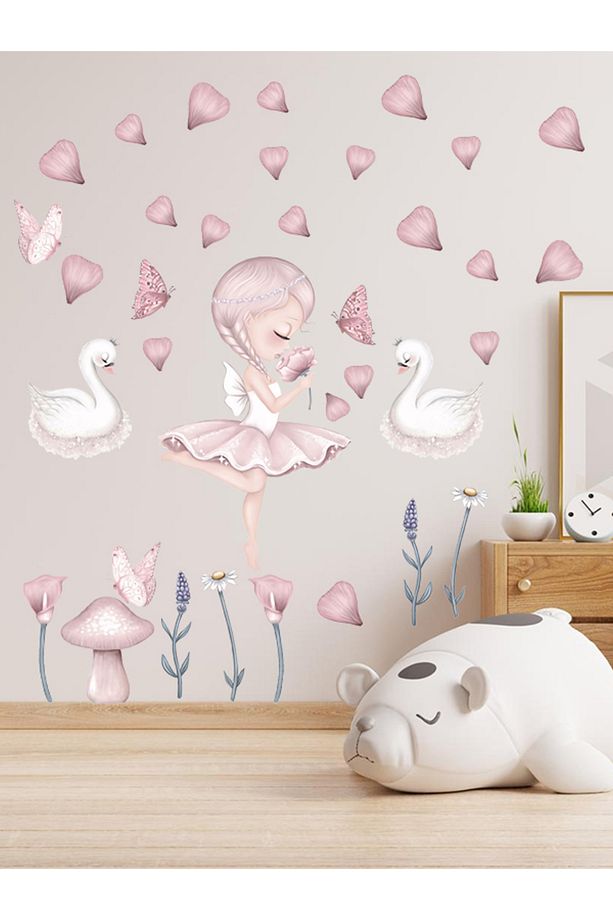 Soft Pembe Balerin ve Çiçekler Cam, Duvar Sticker - 4