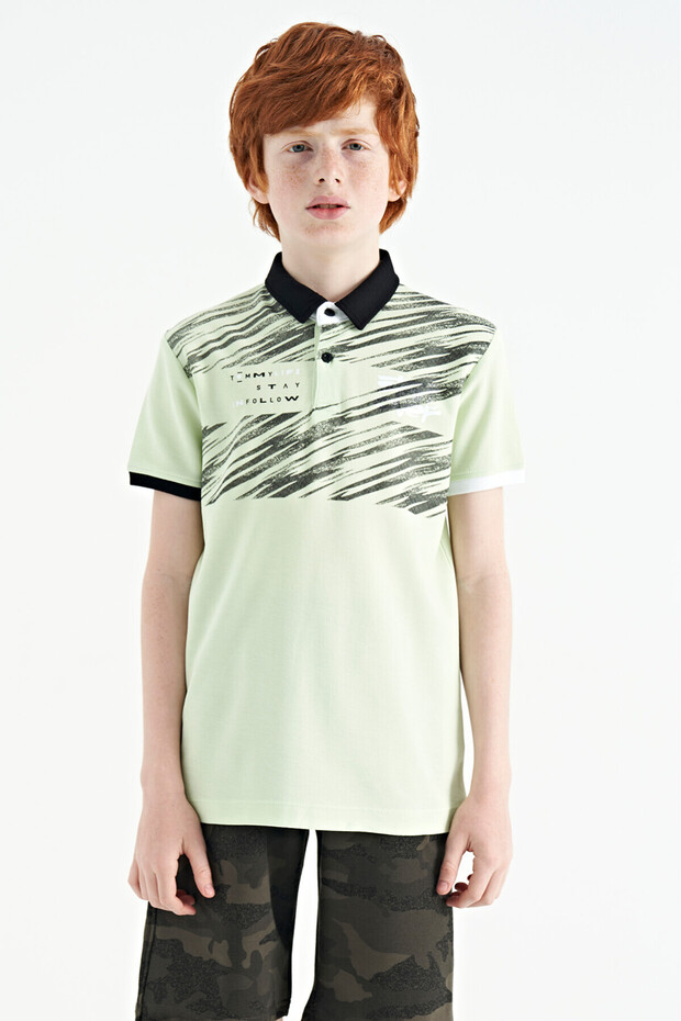 Light Green Printed Detailed Pola Collar Standard Mold Boy T-shirt - 11161