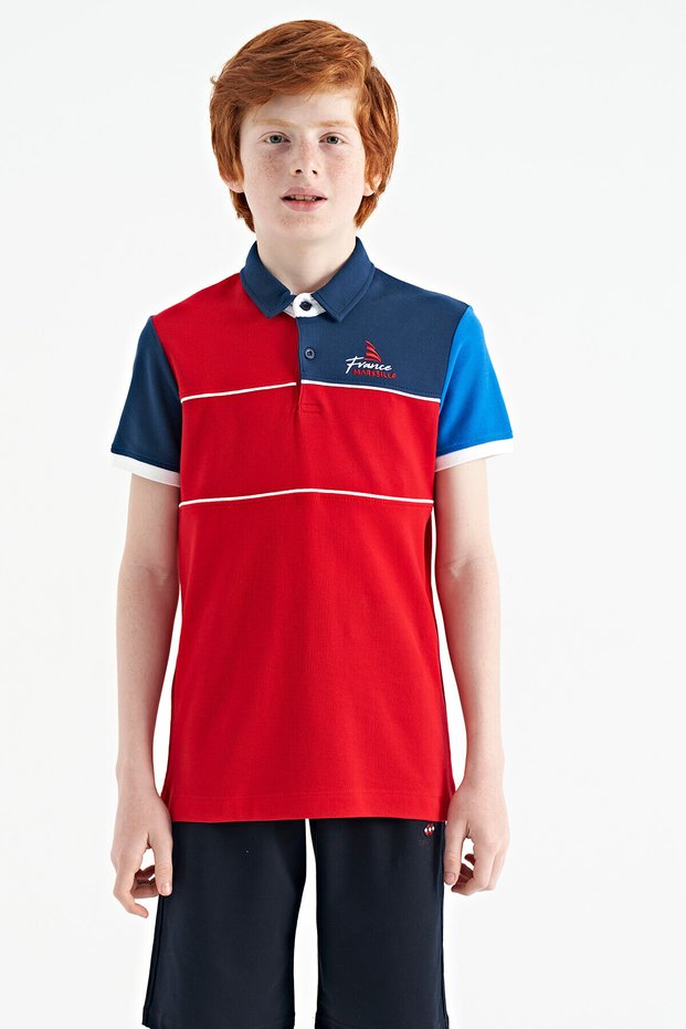 Red Color Blocked Embroidery Writing Detailed Standard Mold Polo Collar Boy T-shirt - 11109