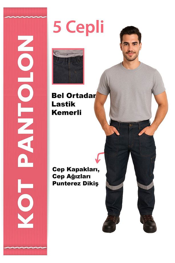5 Cepli Reflektörlü Kot İş Pantolonu – 12 Ons Kumaş – Uzun Ömürlü ve Sağlam İş Pantolonu - 2